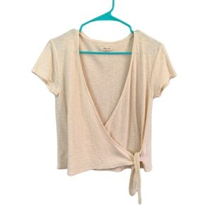 Madewell Texture & Thread Faux Wrap Tie Top XS Cream Crop Short Sleeve *READ